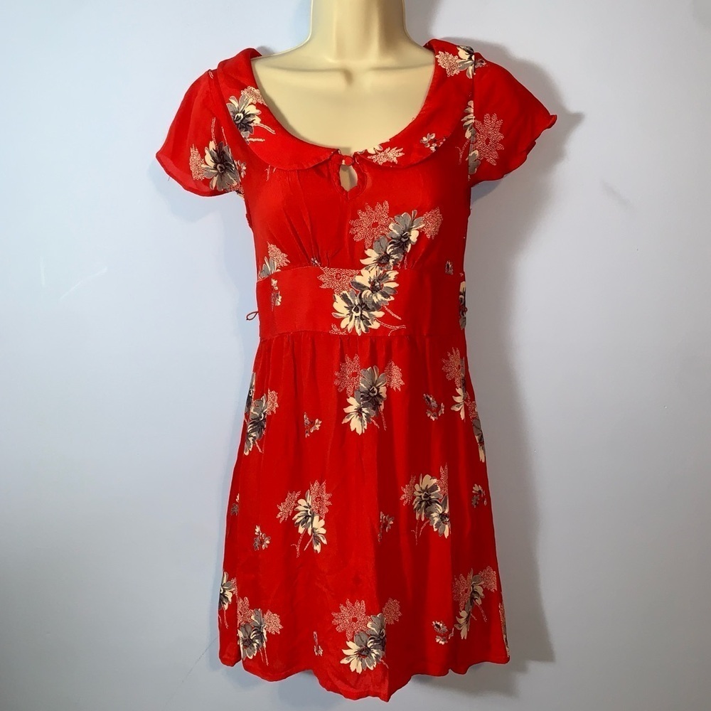 American eagle poppy red grey floral mini dress Peter Pan collar mini 0